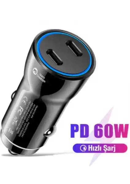 Ally TE-P61 Araç İçi İki Type-C Hızlı Şarj Başlığı 60W Güç ve Şık Tasarım