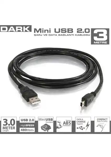 Dark DK-CB-USB2MINIL300 Mini USB 2.0 3 Metre Şarj ve Veri Kablosu Özellikleri ve Uyum