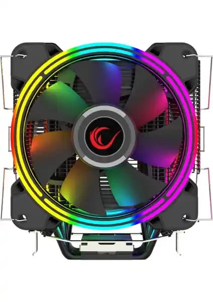 Rampage ICED120-RGB: Çift 120 mm RGB hava soğutmalı CPU soğutucu çözümü, soket uyumluluğu.
