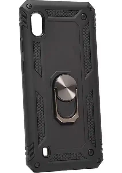 Samsung Galaxy A10 için Şık ve Koruyucu Çift Katmanlı Manyetik Yüzüklü Siyah Kılıf