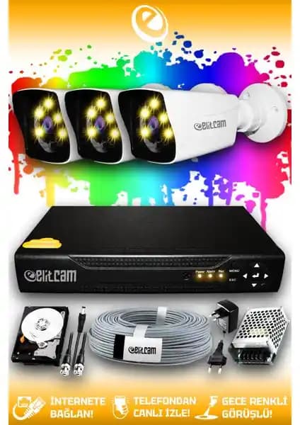 Elitcam 3 Kameralı Kare Dış Kamera Seti Güvenlik Çözümü Yüksek Çözünürlük ve Kolay Kurulum
