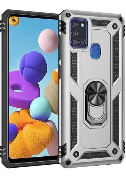 Galaxy A21S için Dayanıklı Tank Kılıf Zore Vega Sert Yüzüklü Standlı Koruma Kapak