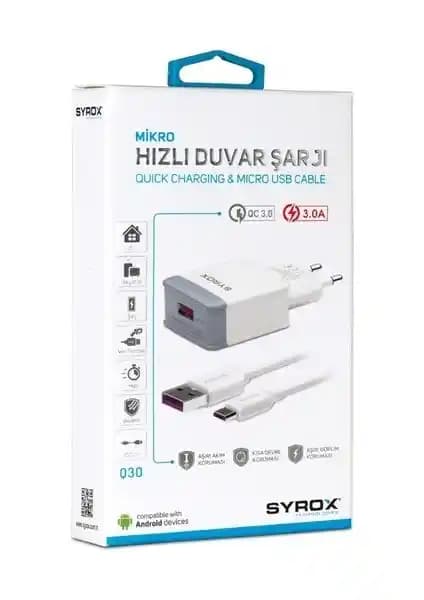 Syrox Micro USB 3.0 Amper Hızlı Şarj Adaptörü Güç ve Güvenlik Özellikleriyle