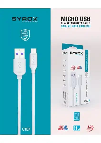 Syrox C107 Micro USB Hızlı Şarj ve Veri Kablosu - Dayanıklı ve Güvenilir Performans