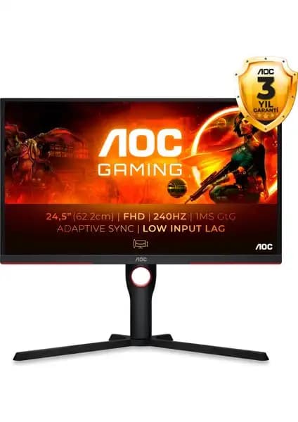 AOC 24.5 İnç Gaming Monitör 240Hz 0.5ms HDMI ve DP Bağlantılarıyla Yüksek Performans