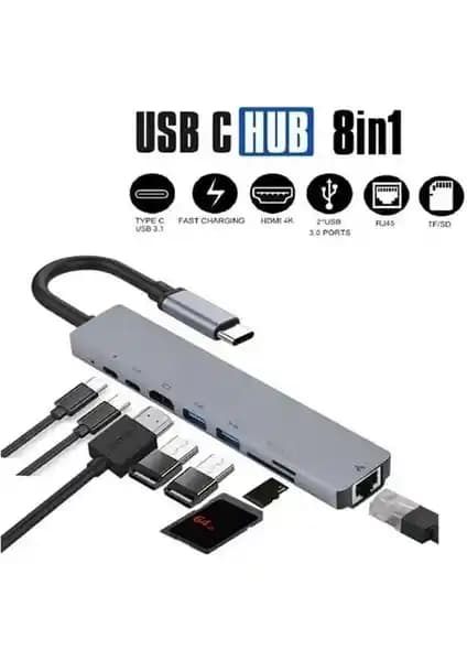 Blue Wings 8 In 1 Ethernet SD USB Type C Hub Çok Fonksiyonlu Bağlantı Çözümü