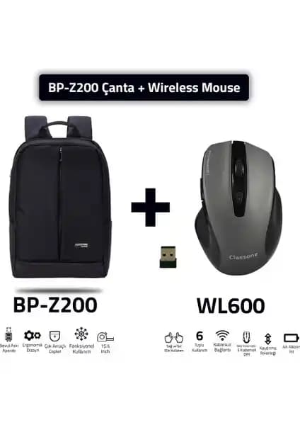 Classone BP-Z200-WL600: 15.6 İnç Su Geçirmez Laptop Çantası ve Kablosuz Mouse Ürünü