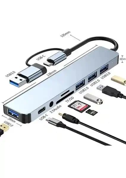 Comse 8 in 1 USB Type-C Hub Macbook Uyumlu Çok Fonksiyonlu Dönüştürücü Çevirici