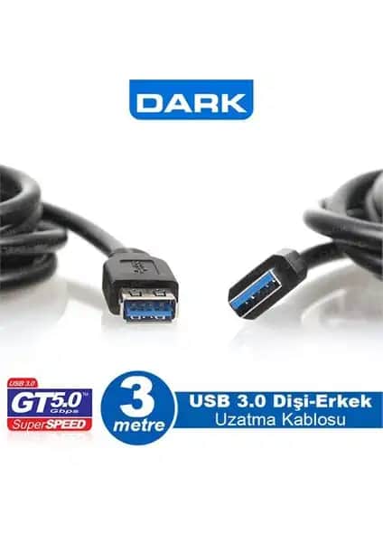 Dark USB 3.0 3m Uzatma Kablo: Yüksek Performans ve Güvenilirlik Sağlayan Uzun Mesafe Bağlantı Çözümü