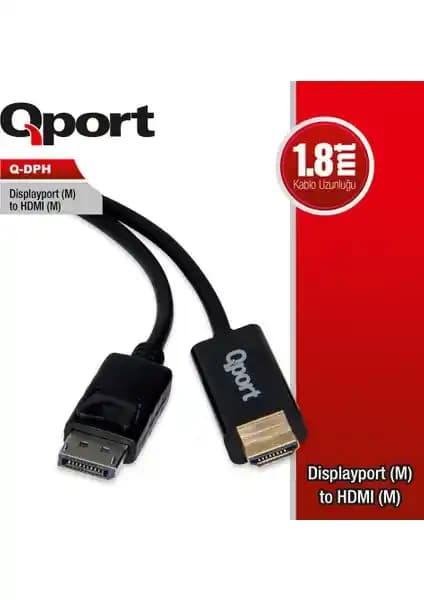 Qport Q-Dph DisplayPort to HDMI Dönüştürücü 1.8 Metre Kablo ile Yüksek Kaliteli Bağlantı
