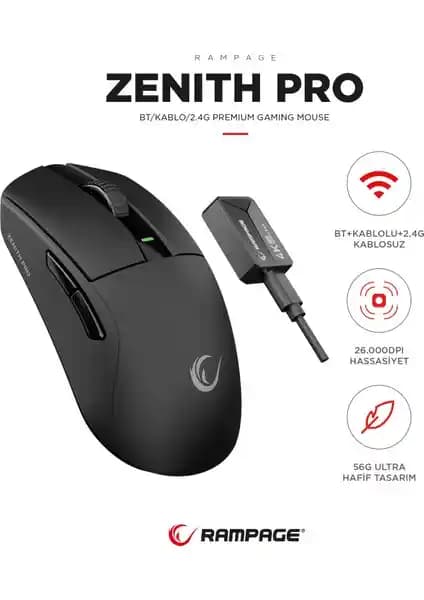 Rampage ZENITH PRO 4K BT Oyuncu Mouse: Yüksek Performans ve Ergonomik Tasarım