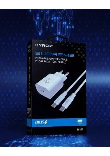 Syrox Galaxy Tab S9 FE Uyumlu 25W Hızlı Şarj Adaptörü ve Kablo Seti