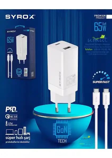 Syrox GAN65 Type-C ve USB 65W Hızlı Şarj Seti Güç ve Dayanıklılık Sunar