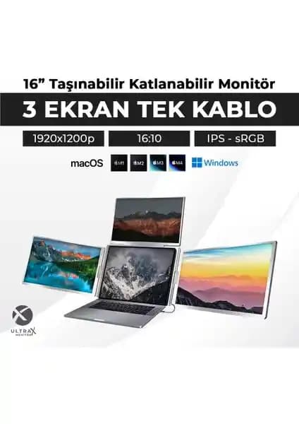 16 inç üçlü taşınabilir ekranlar: mobil çalışma, eğitim ve eğlence için yeni nesil çözüm