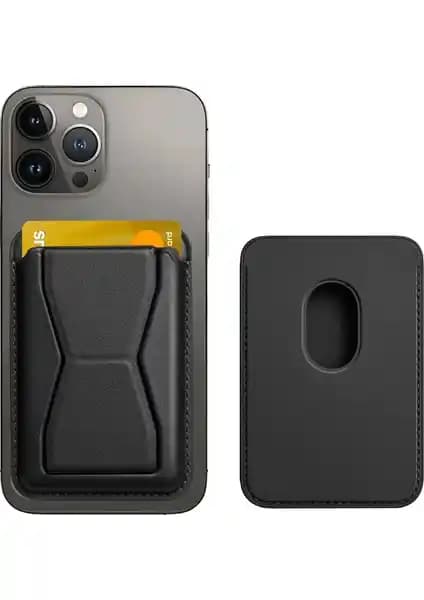 Deilmi Siyah Manyetik Standlı MagSafe Cüzdan Kartlık Modern ve Dayanıklı Tasarım