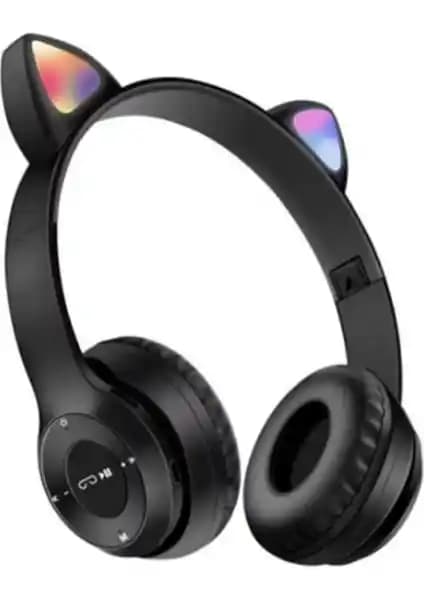 MerciTech Kız Çocuklar İçin Kedi Kulaklı Işıklı Kablosuz Bluetooth Kulaklık