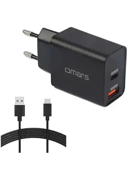 Omars 18W Çift Çıkışlı USB Type-C Hızlı Şarj Cihazı Modern ve Güvenilir Tasarım