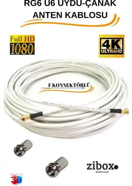 Zibox 30 Metre F Konnektörlü RG6/U6 Full HD 3D ve 4K Uydu Anten Kablosu