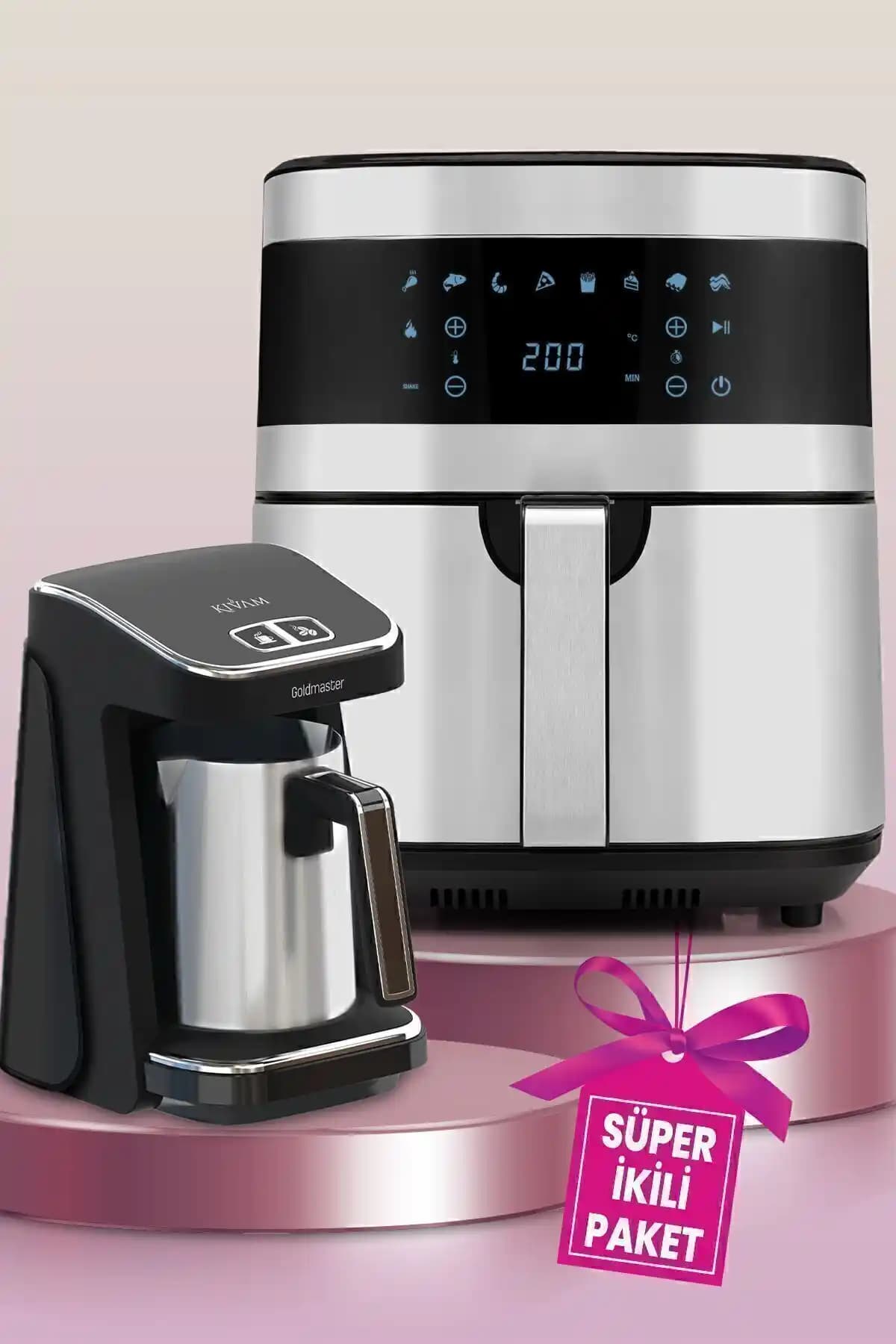 GoldMaster 7 Litre Inox XXL Airfryer ve Çelik Cezveli Türk Kahve Makinesi Seti