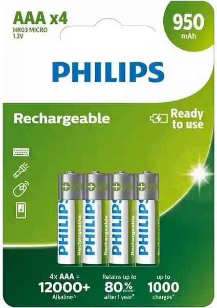 Philips 4'lü AAA Şarj Edilebilir Pil 950mAh Yüksek Enerji ve Sürdürülebilirlik Özellikleri