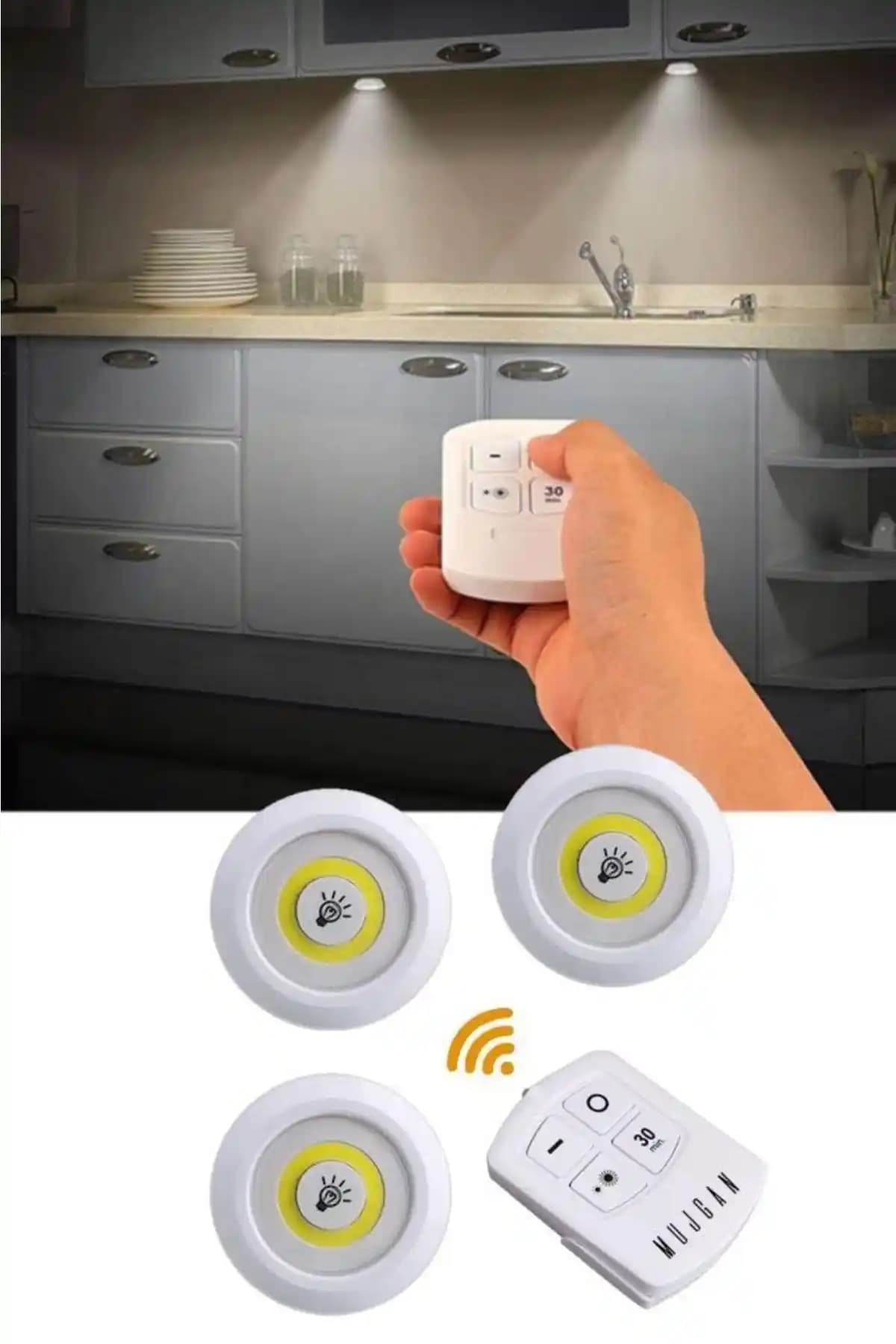 MUJGAN 3'lü Uzaktan Kumandalı Kablosuz LED Spot Lambalar - Pratik ve Estetik Aydınlatma Çözümü