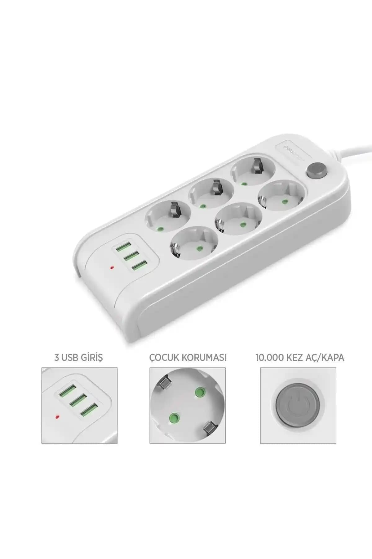 Polosmart MP10 Termal Akım Korumalı 6'lı Uzatma Kablosu Güvenlik ve Çok Fonksiyonlu Kullanım
