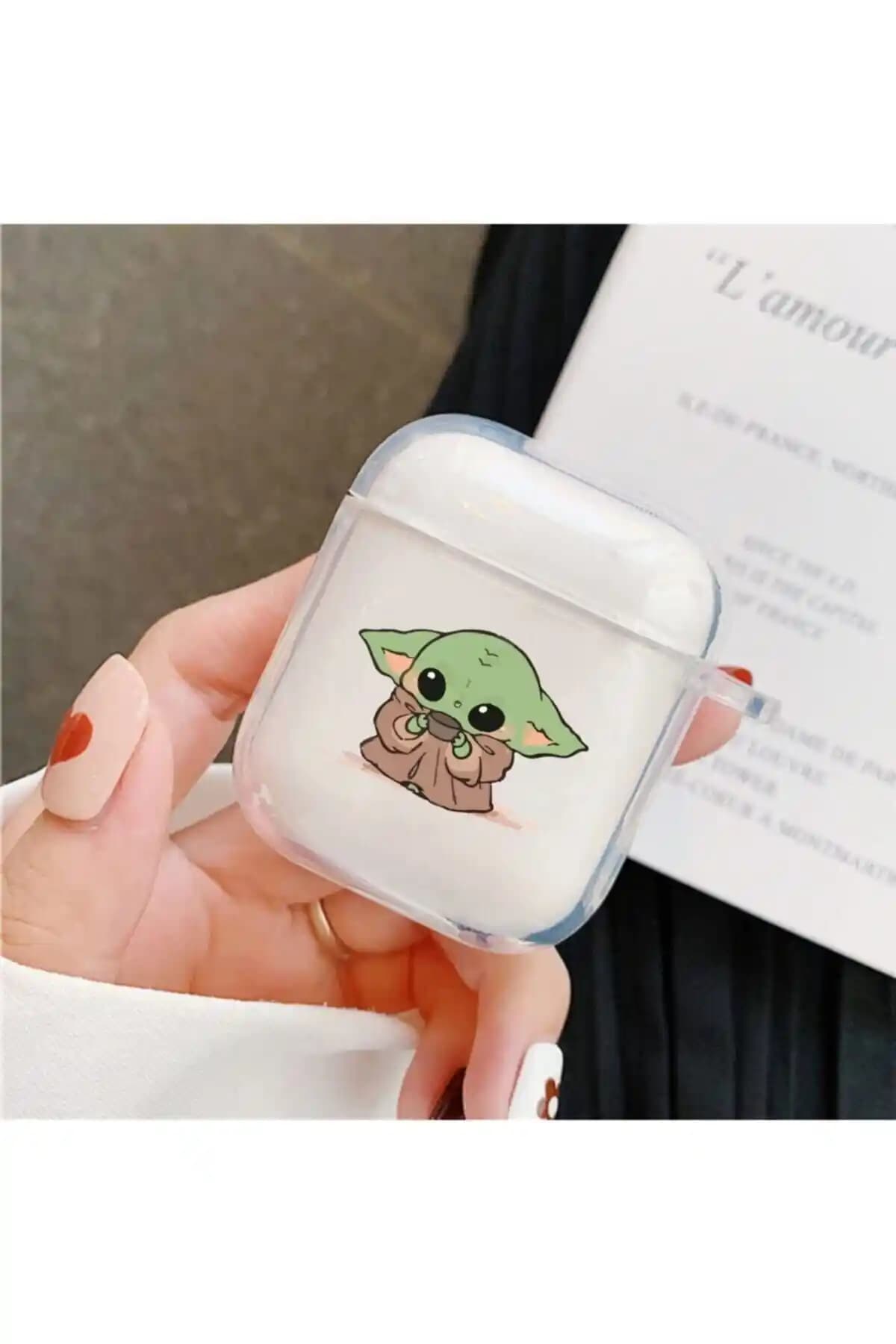 Baby Yoda Desenli Şeffaf Kablosuz Kulaklık Kılıfı AirPods 2. Nesil için Koruyucu Tasarım